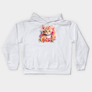 A cat decorated with beautiful colorful flowers in a watercolor illustration. Kids Hoodie